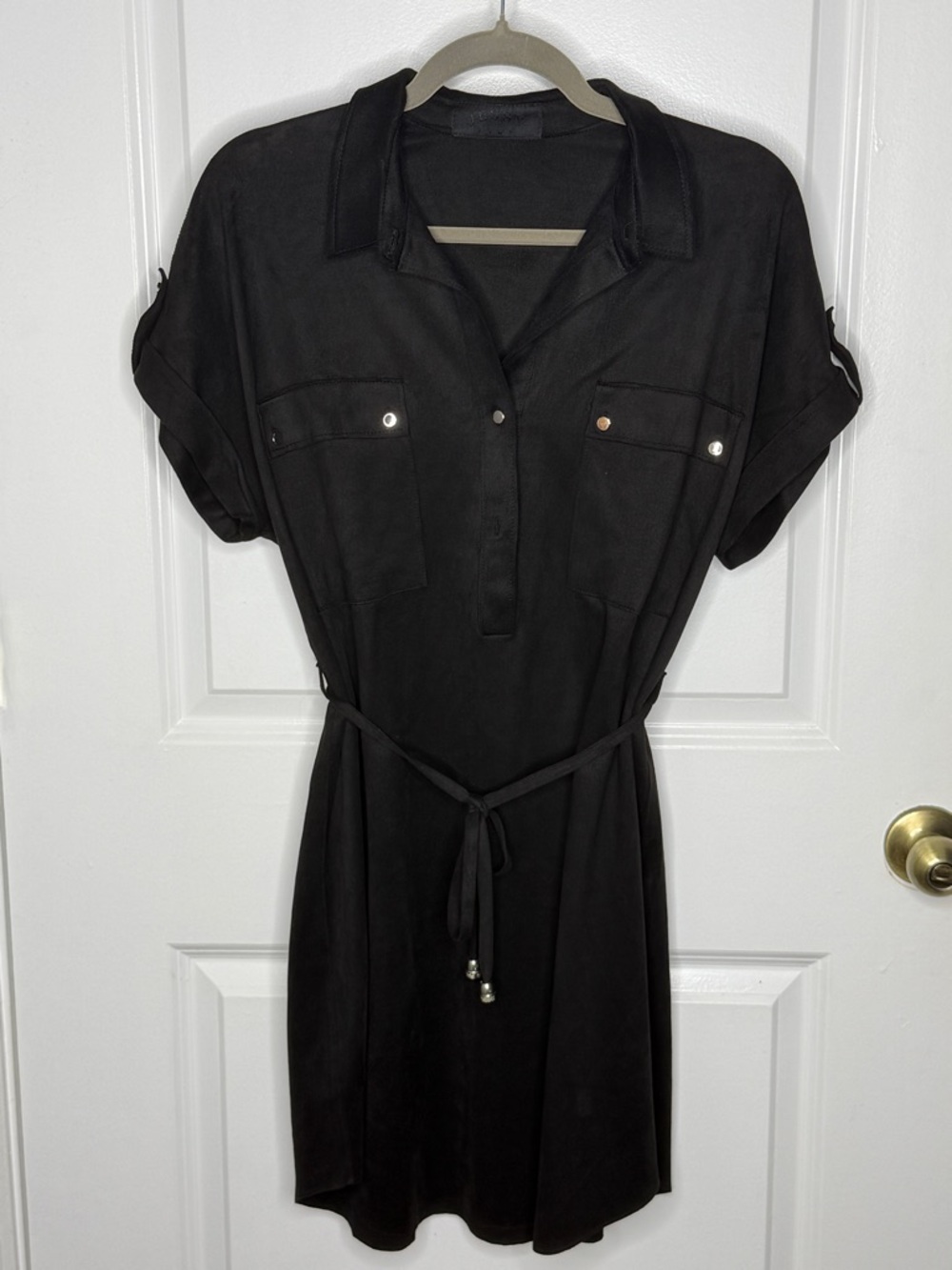 Jessy Girl Black Utility Shirt Dress Faux Suede Tie Waist Snap Closure | EUC